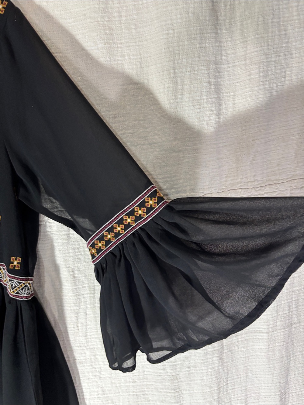 Chelsea & Violet Black Ruffled Peplum Blouse with Gold Embroidery Bell Sleeves - Picture 7 of 11